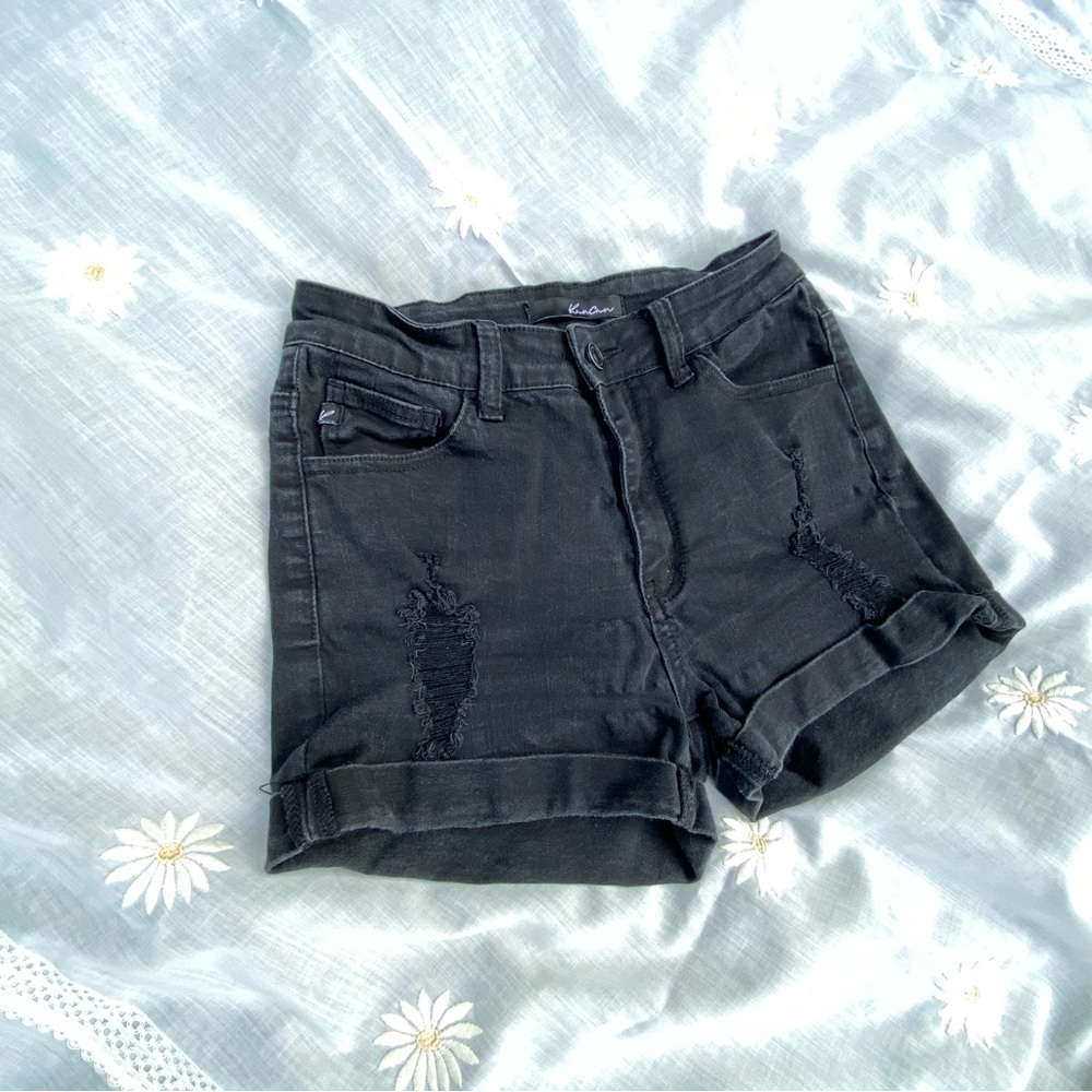 Black denim high waisted distressed shorts